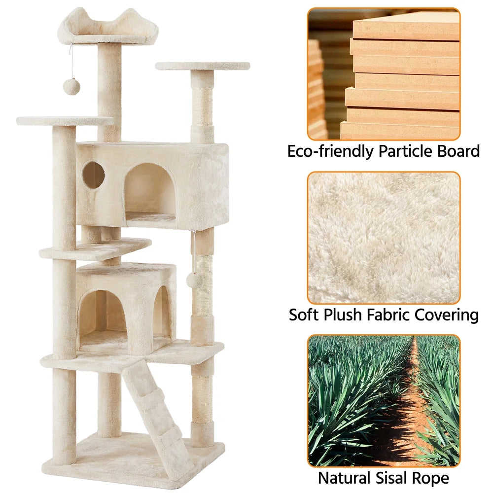 SmileMart 70" Double Condo Cat Tree – Beige, Multi-Level with Scratching Posts MJ's Pet Closet