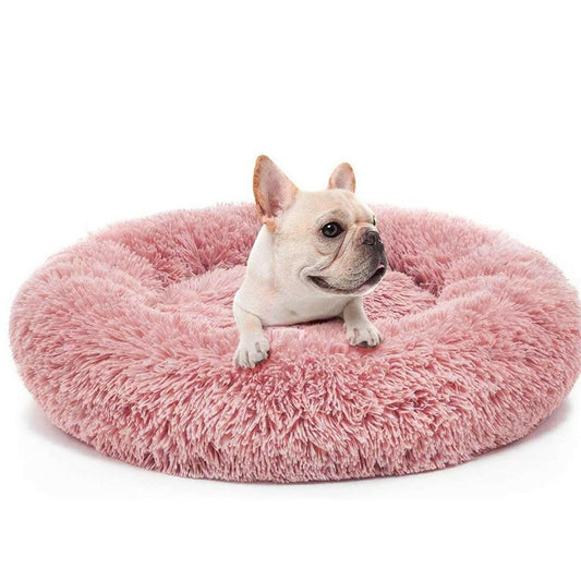 Dog lying on a fluffy pink pet bed against a white background
