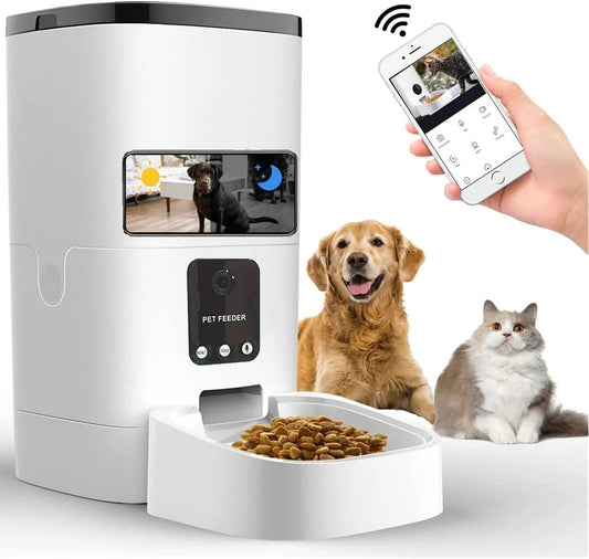 Pet feeder with screen displaying a dog, accompanied by a smartphone app, two dogs, and a cat on a white background.