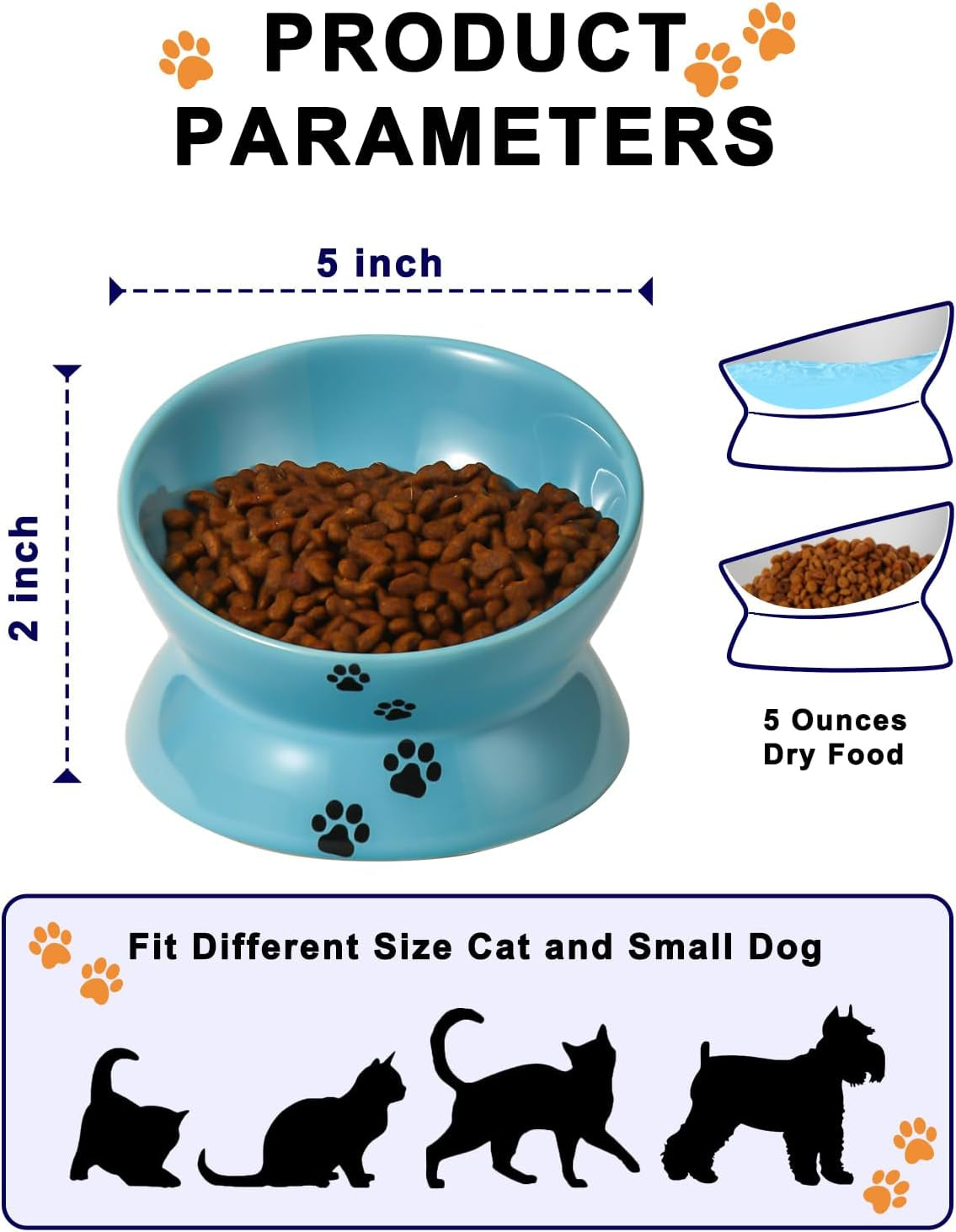 YHY Elevated Ceramic Cat Bowl – Tilted Raised Cat Food Dish for Anti-Vomiting & Neck Relief | Lake Blue MJ's Pet Closet