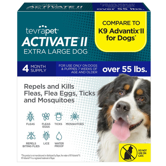 Tevrapet Activate II for extra large dogs packaging with a dog's face on it.