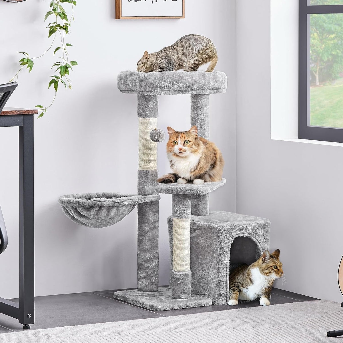 34.5" Multi-Level Cat Tree Tower with Condo, Basket, Nest & Sisal Scratching Posts – Light Gray MJ's Pet Closet