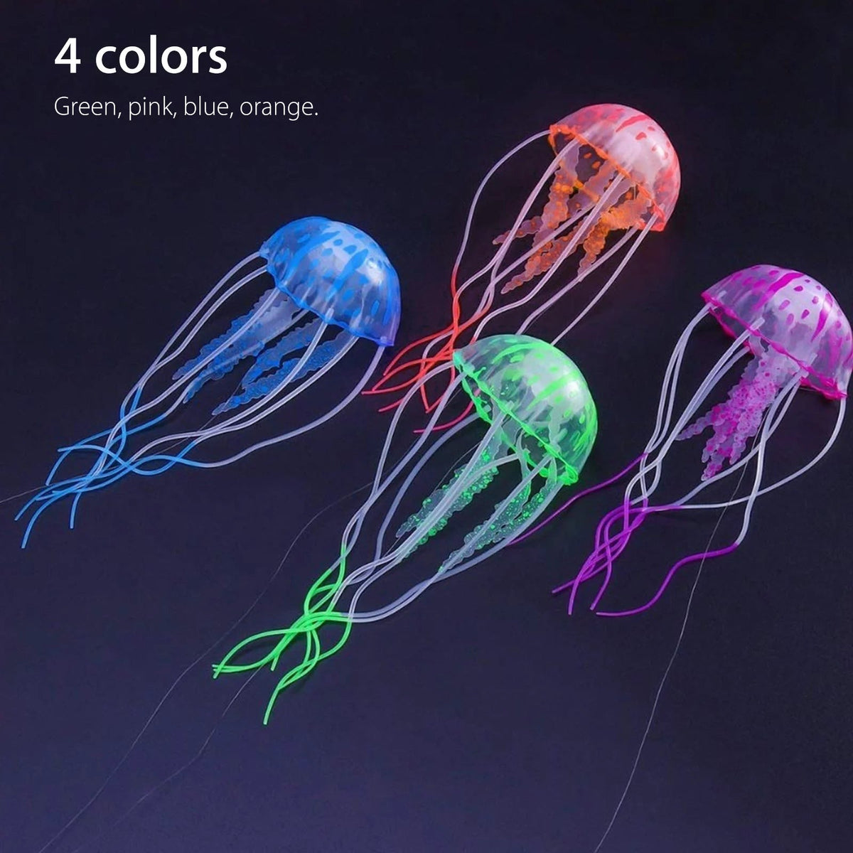 Four colorful jellyfish toys on a dark background with text indicating four colors.