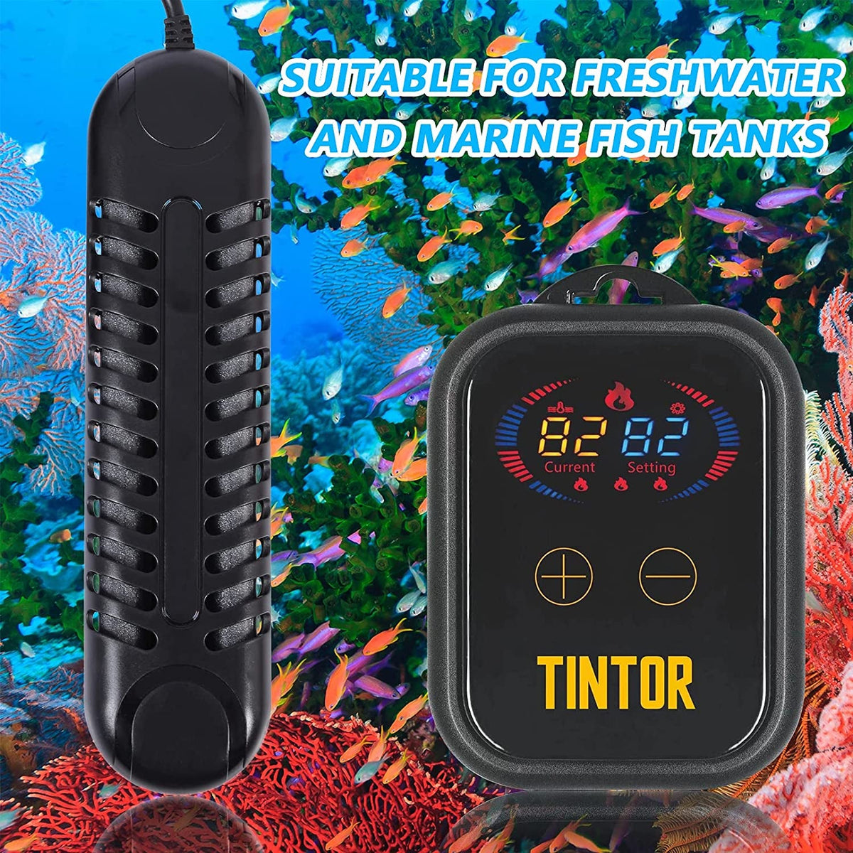 Tintor Submersible Aquarium Heater – 800W / 1200W with External LED Controller, PID Smart Thermostat & Auto Shutoff | Fresh & Saltwater MJ's Pet Closet