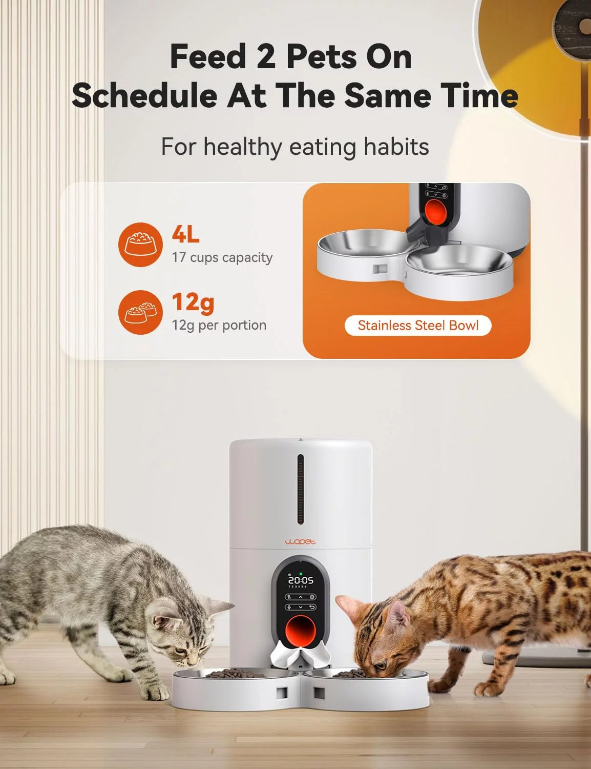 WOPET Automatic Pet Feeder for 2 Cats – 4L Dual Stainless Steel Bowl, 6 Meals/Day, Voice Recording & LCD Screen | White MJ's Pet Closet
