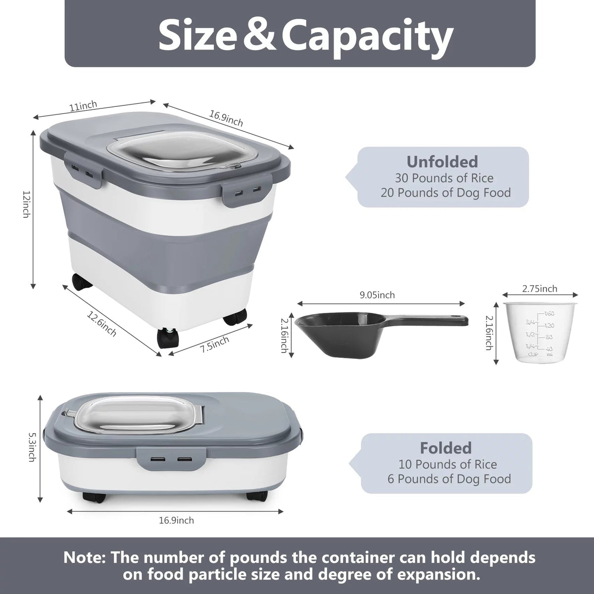 Collapsible food storage container with measurements and capacity details on a white background