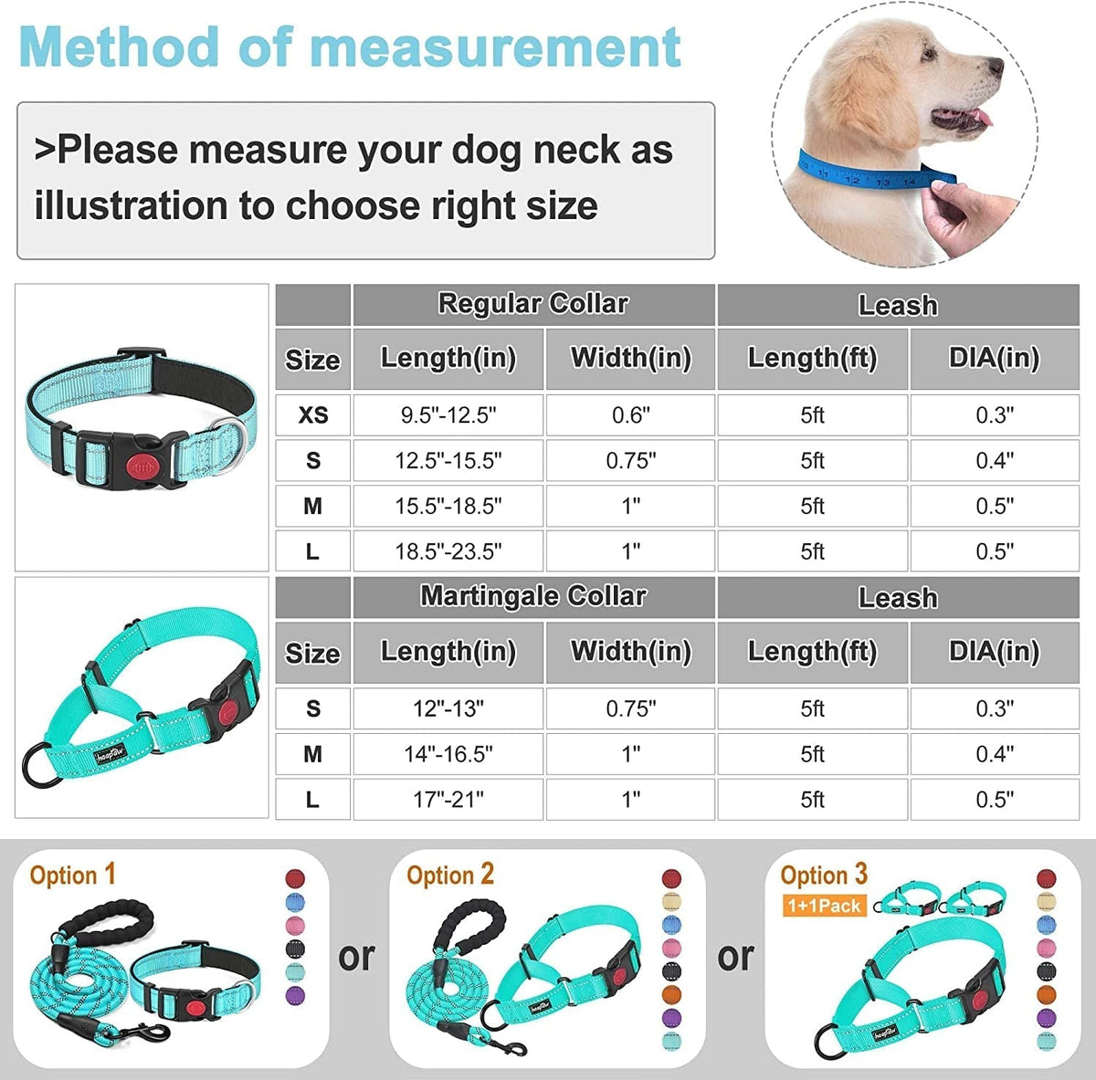 Martingale Dog Training Collar & Leash Set – 2-Pack with Quick-Release Buckle for Small, Medium & Large Dogs | Turquoise MJ's Pet Closet