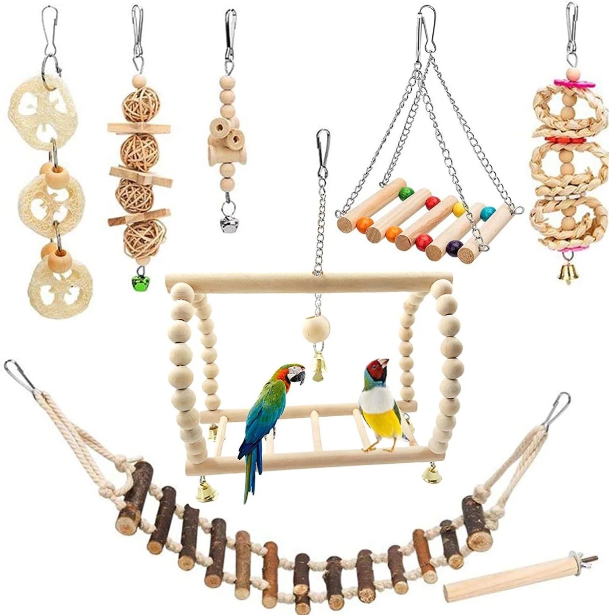Collection of bird toys including a ladder, swing, and climbing structures on a white background.
