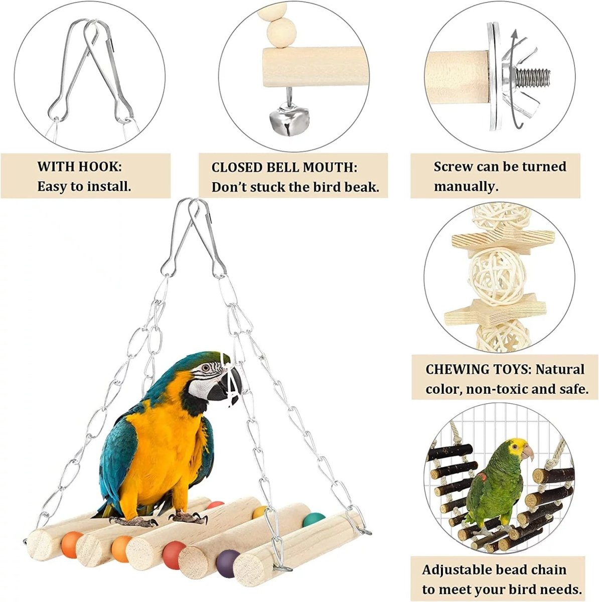Bird toy with various features highlighted, including a hook, closed bell mouth, screw, and adjustable head chain.