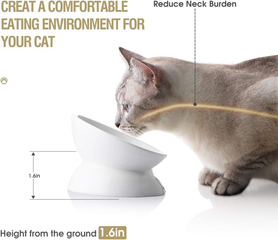 Sweejar Tilted Raised Ceramic Cat Bowl – 5 oz Elevated Food Dish for Neck Relief, Anti-Vomiting & Whisker Comfort | White | 5 Inch MJ's Pet Closet