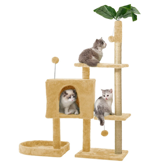 Cat tree with multiple levels and a cat sitting on each level against a white background