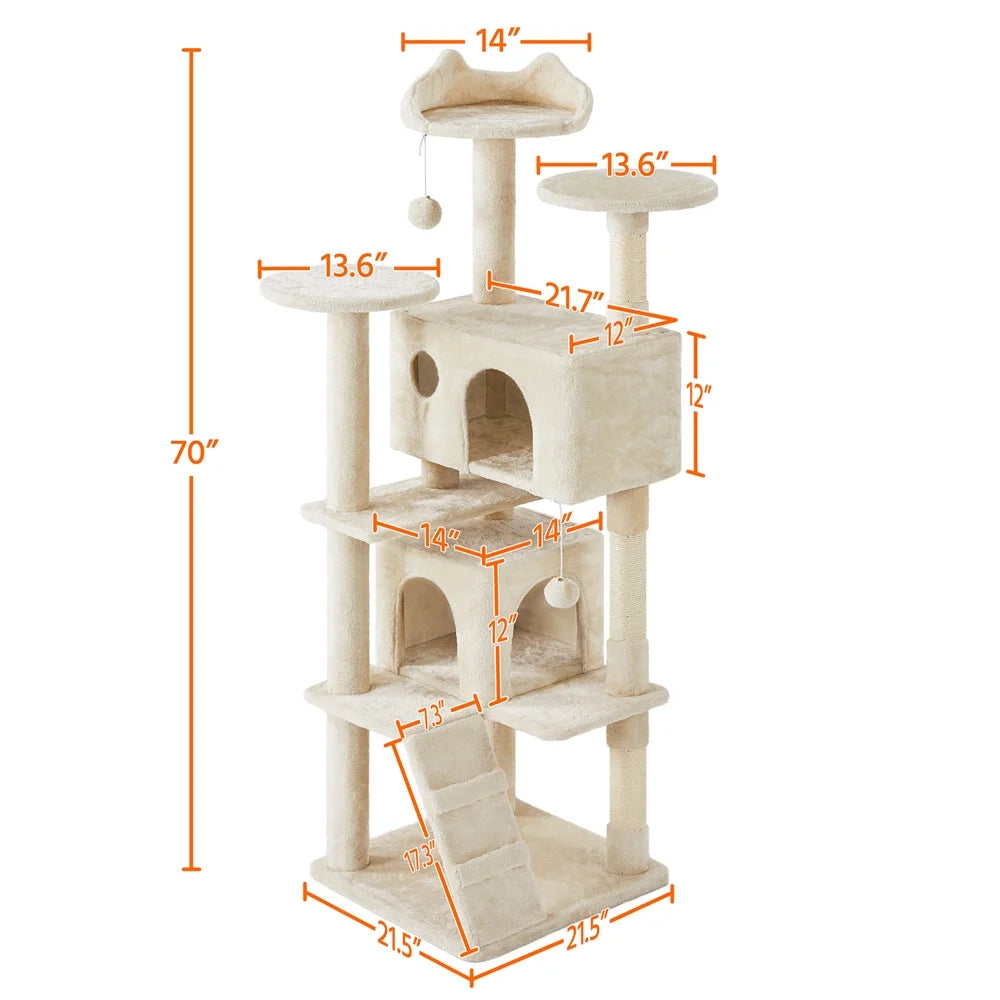 SmileMart 70" Double Condo Cat Tree – Beige, Multi-Level with Scratching Posts MJ's Pet Closet