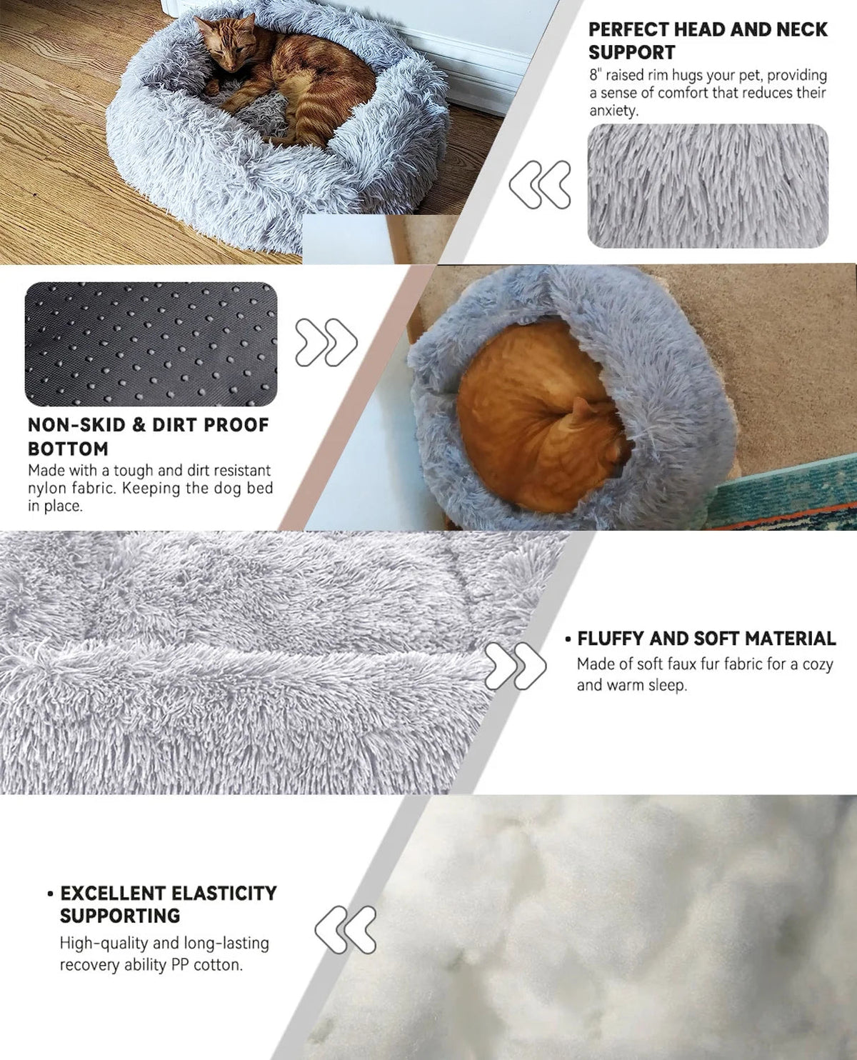 Plush Cat Bed for Indoor Cats & Small Dogs – Super Soft PP Cotton with Non-Slip Waterproof Bottom | 26"x22" | Light Gray MJ's Pet Closet
