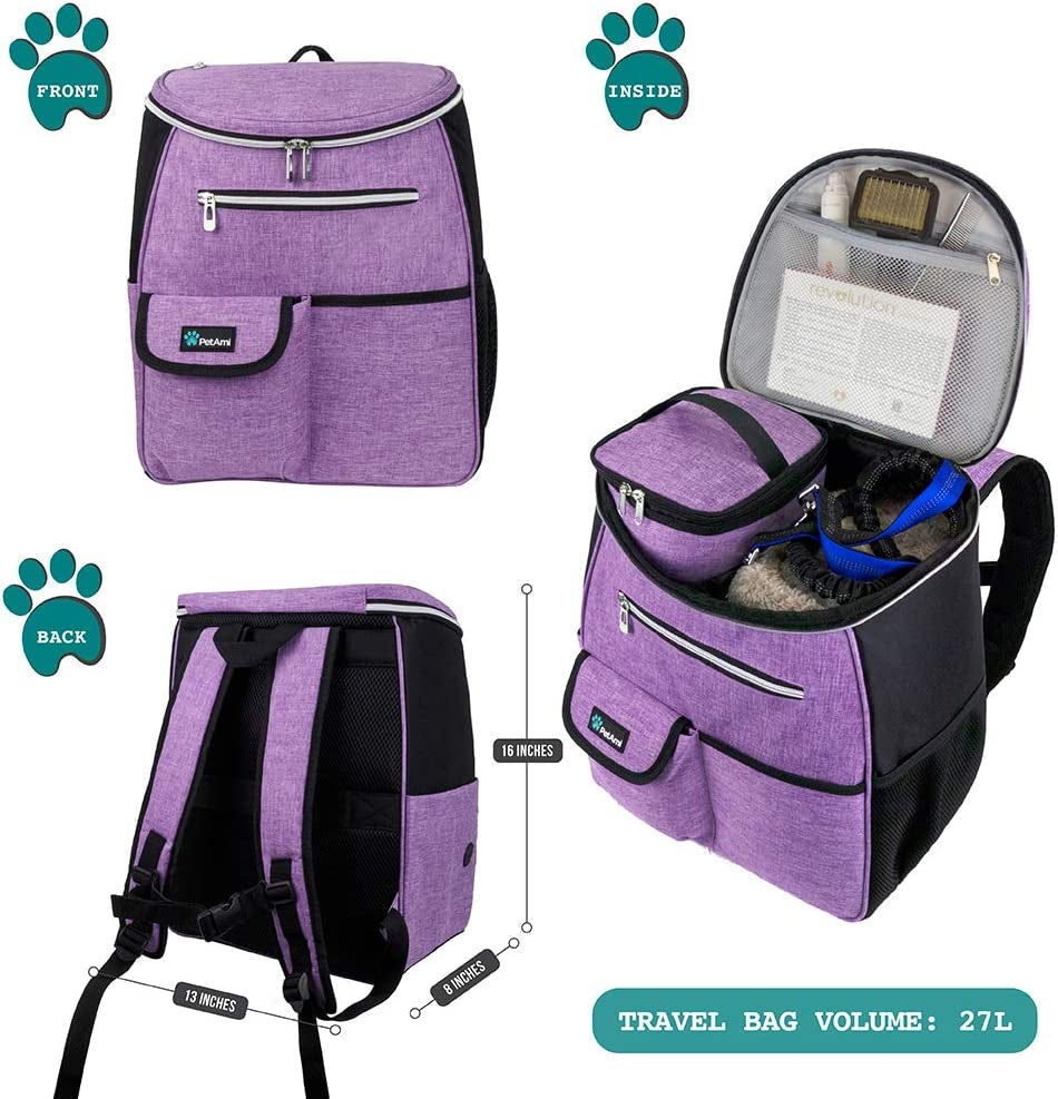 Purple pet travel bag with front, inside, and back views on a white background