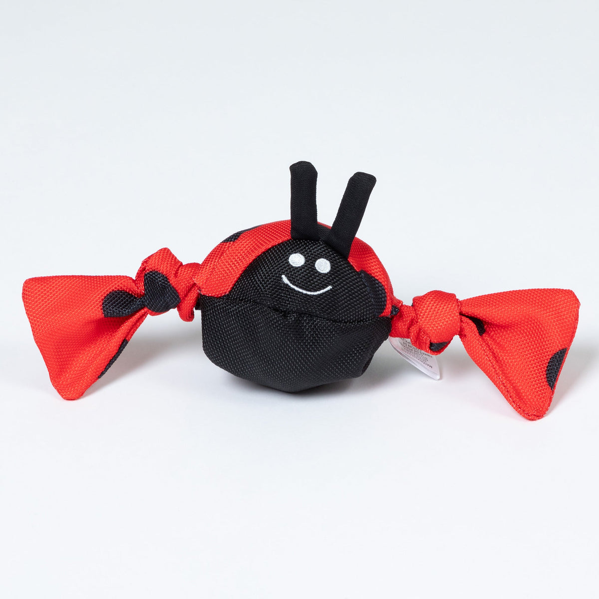 Black and red ladybug-shaped toy on a white background