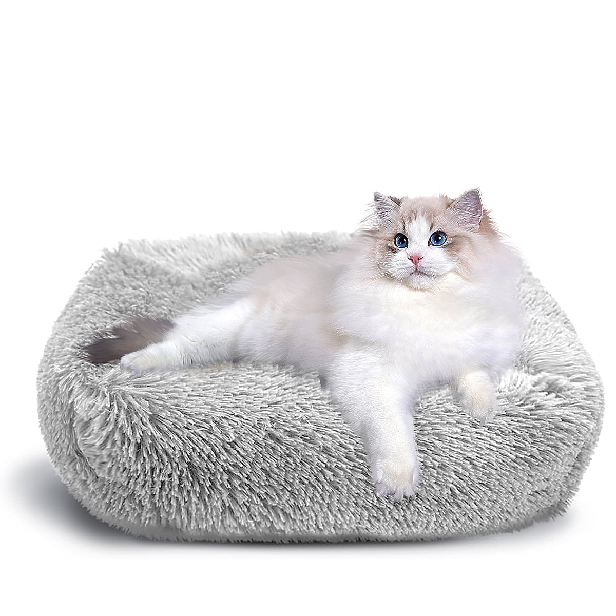Cat lying on a fluffy gray pet bed against a white background