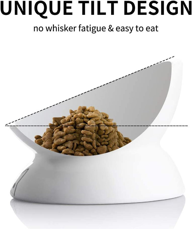 Sweejar Tilted Raised Ceramic Cat Bowl – 5 oz Elevated Food Dish for Neck Relief, Anti-Vomiting & Whisker Comfort | White | 5 Inch MJ's Pet Closet