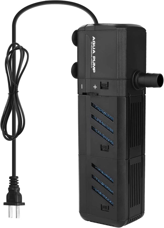 Black aquarium pump with power cord on a white background