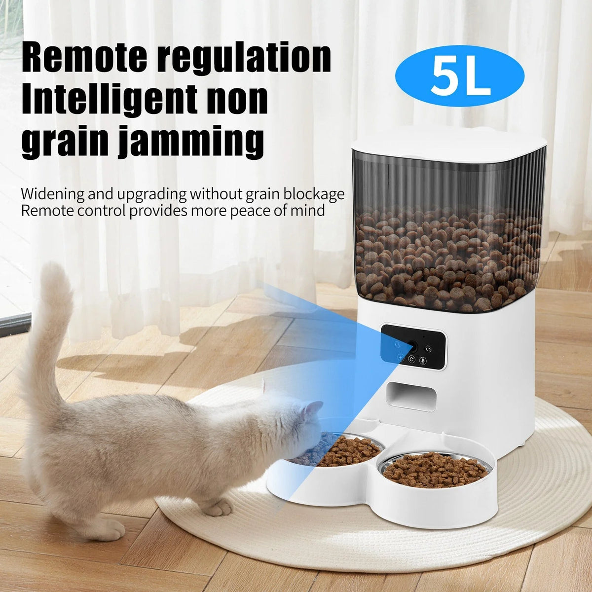 Cat interacting with a pet food dispenser on a wooden floor.
