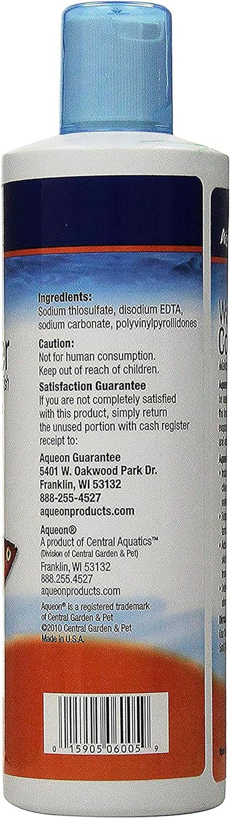 Back view of a bottle with text and a blue cap
