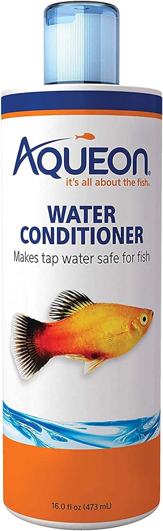 Aqueon water conditioner bottle with fish illustration on a white background