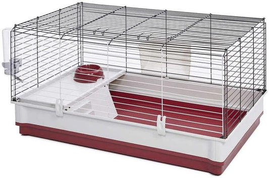 Pet cage with red and white base on a white background