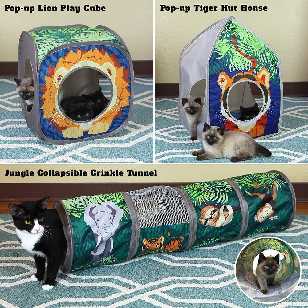 Kitty City Pop-Up Jungle Cat Cube Combo – 3-Piece Set with Lion Cube, Tiger House & Safari Tunnel MJ's Pet Closet