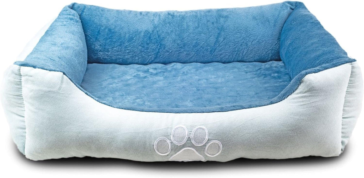 Blue and white pet bed with paw print design on a light gray background