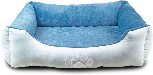 Blue and white pet bed with paw print design on a light gray background