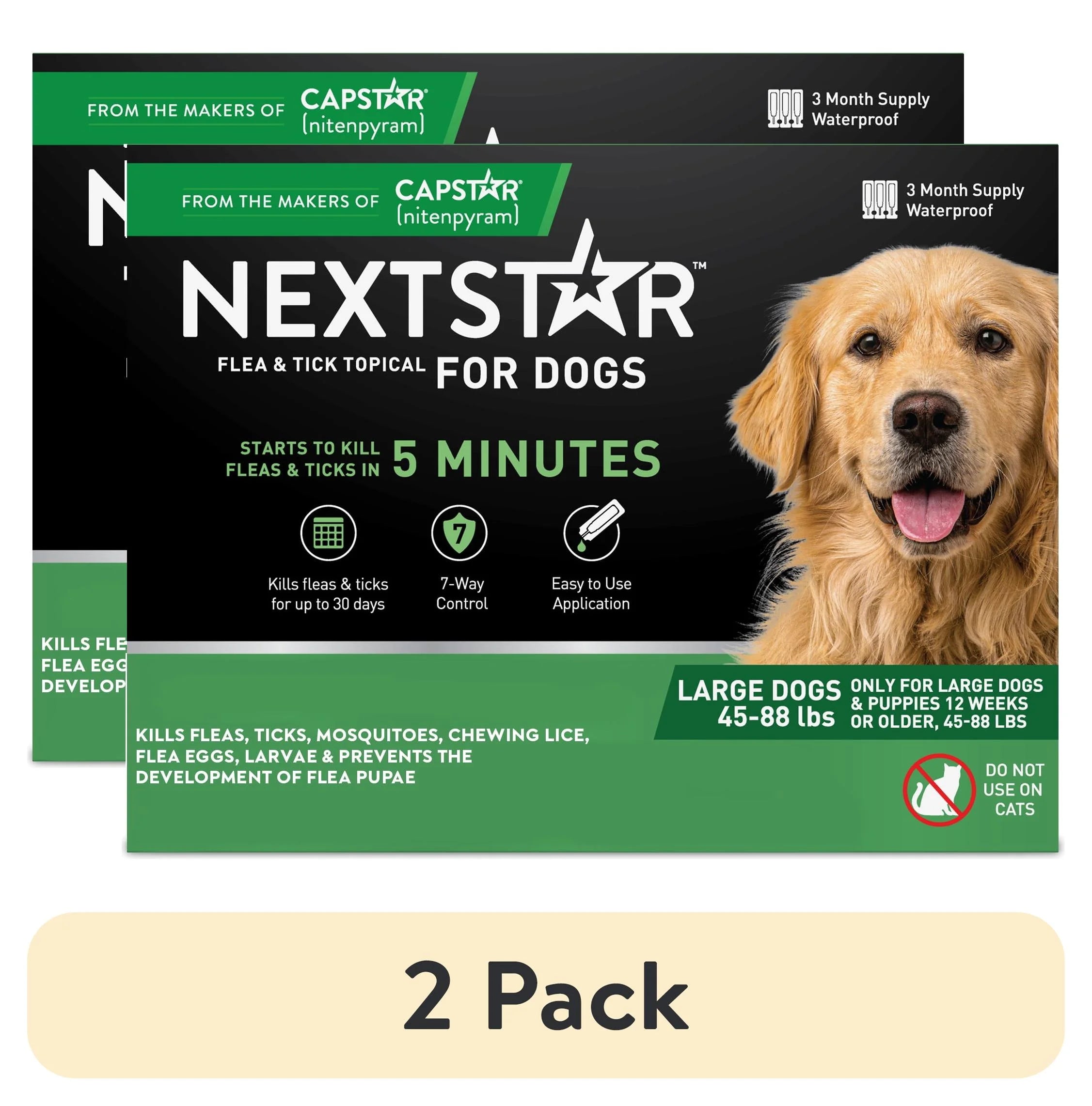 NextStar flea and tick topical for dogs packaging with a golden retriever on a white background