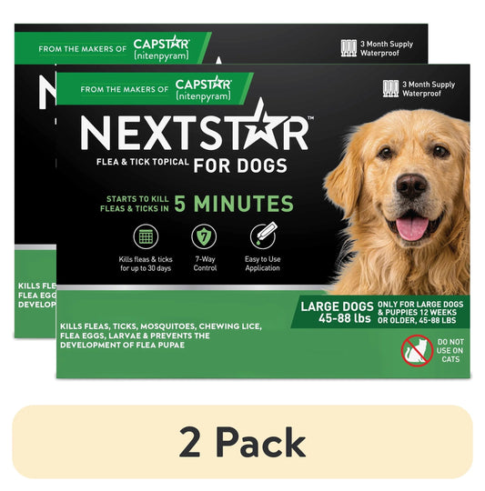NextStar flea and tick topical for dogs packaging with a golden retriever on a white background