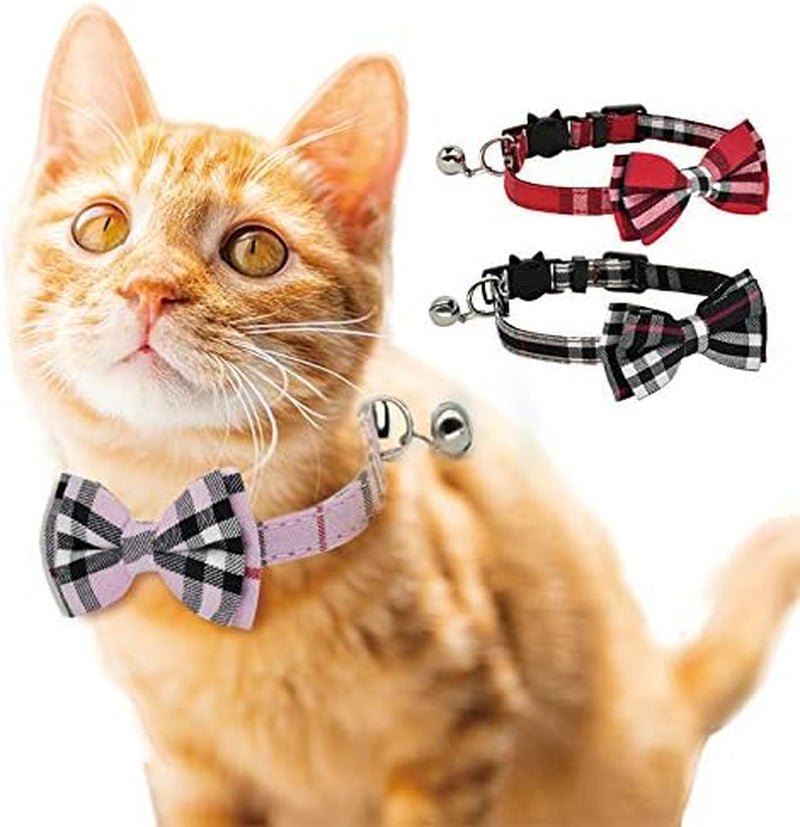 Breakaway Cat Collars – Pack of 2 Adjustable Plaid Cotton Collars with Bowtie & Bell | Safe for Cats & Small Dogs | Black + Red MJ's Pet Closet