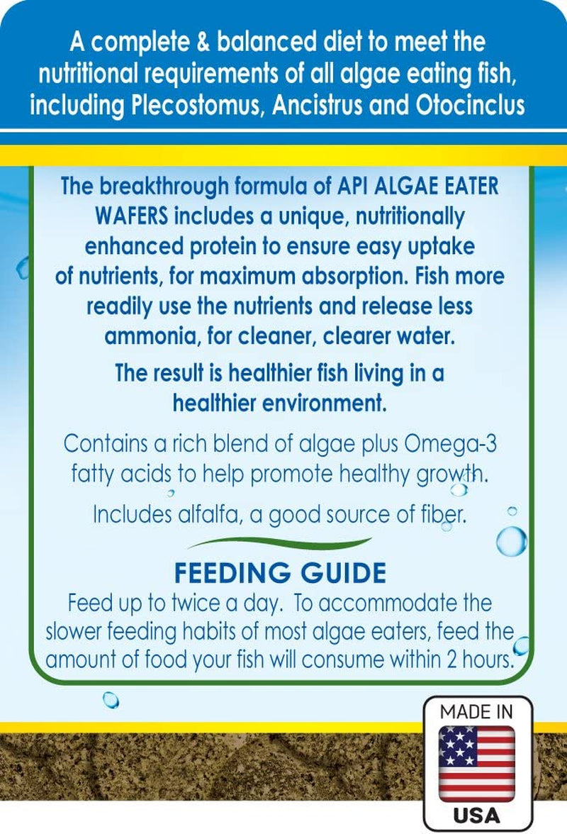 API Algae Eater Wafers packaging with nutritional information and feeding guide.