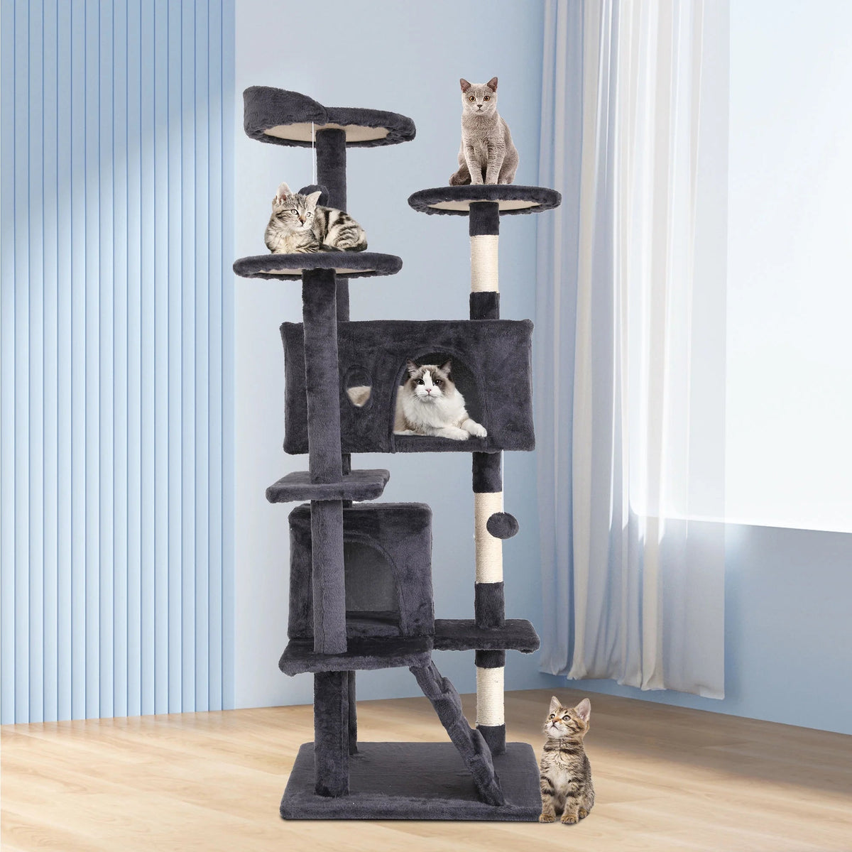 NiamVelo 54" Double Condo Cat Tree – Ashy, Sturdy 4-Floor Design MJ's Pet Closet