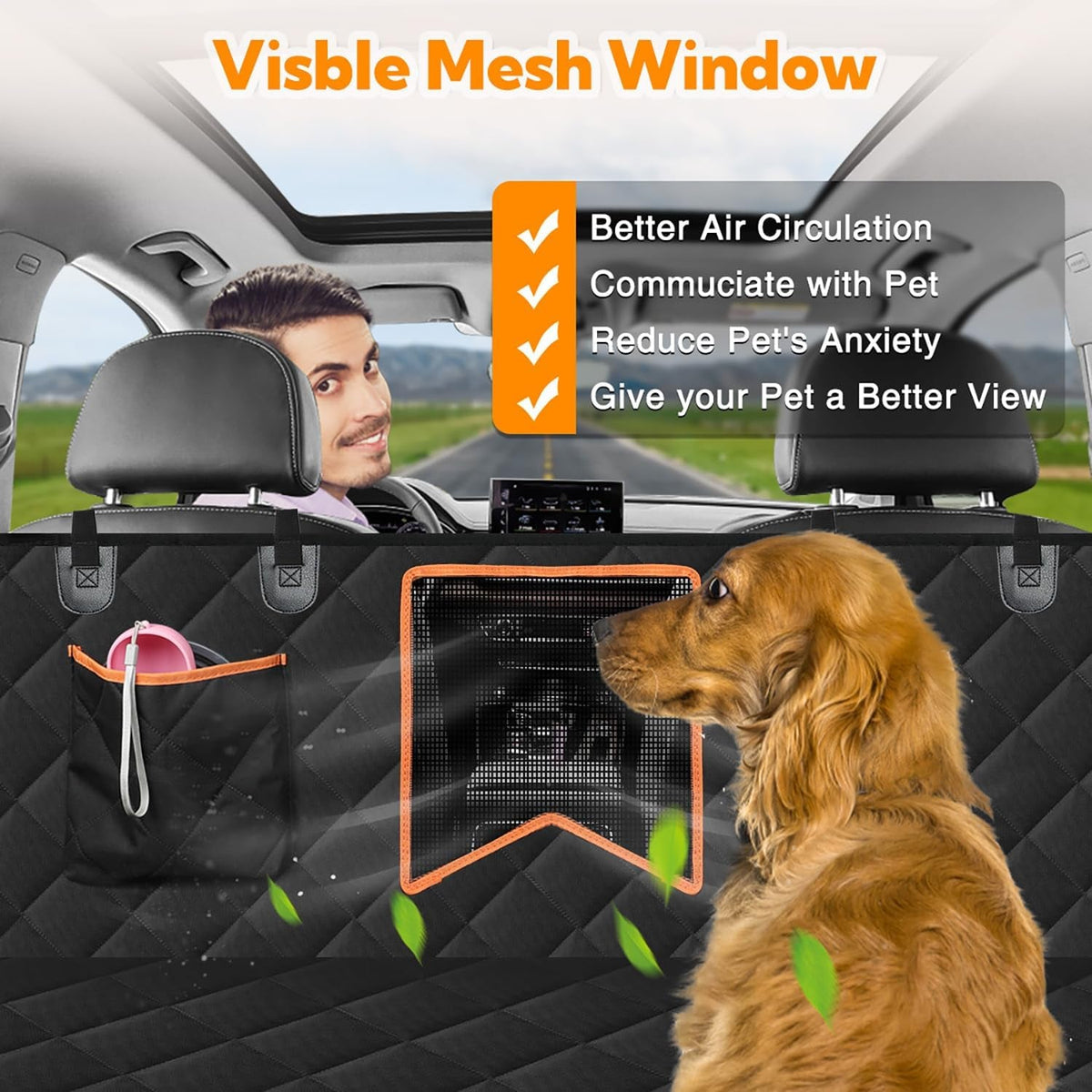Car back seat cover with visible mesh window for pet communication, showing a dog looking through it.