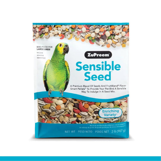Package of ZuPreem Sensible Seed bird food with a green parrot on a white background