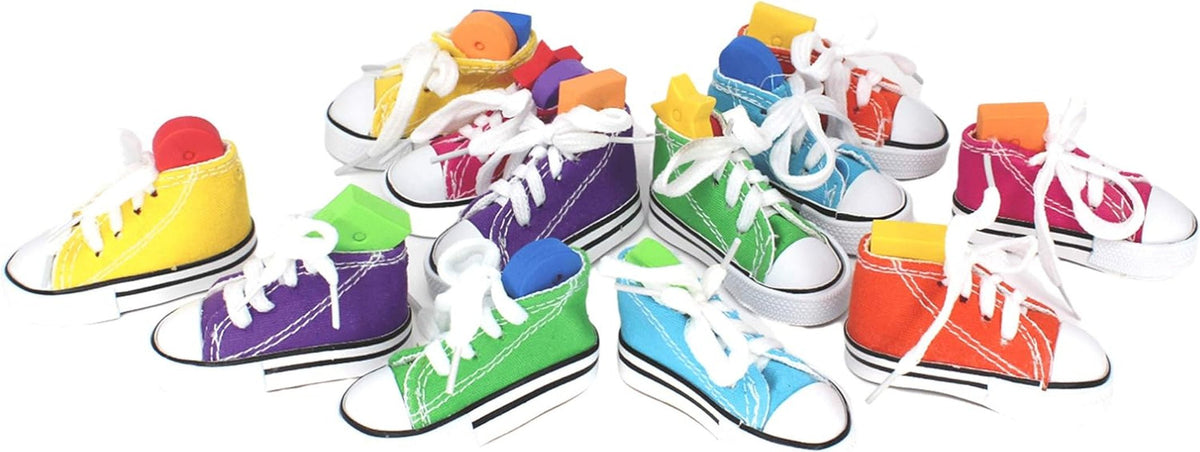 Colorful toy sneakers arranged in a circular pattern on a white background
