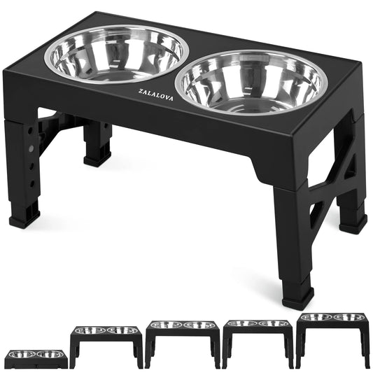 Black elevated pet feeder with two stainless steel bowls on a white background