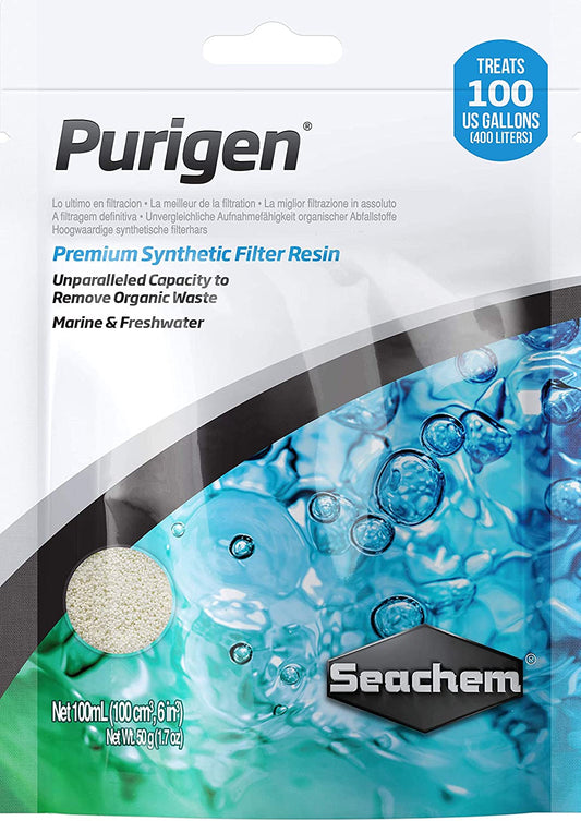 Seachem Purigen synthetic filter resin packaging with water and bubbles graphic