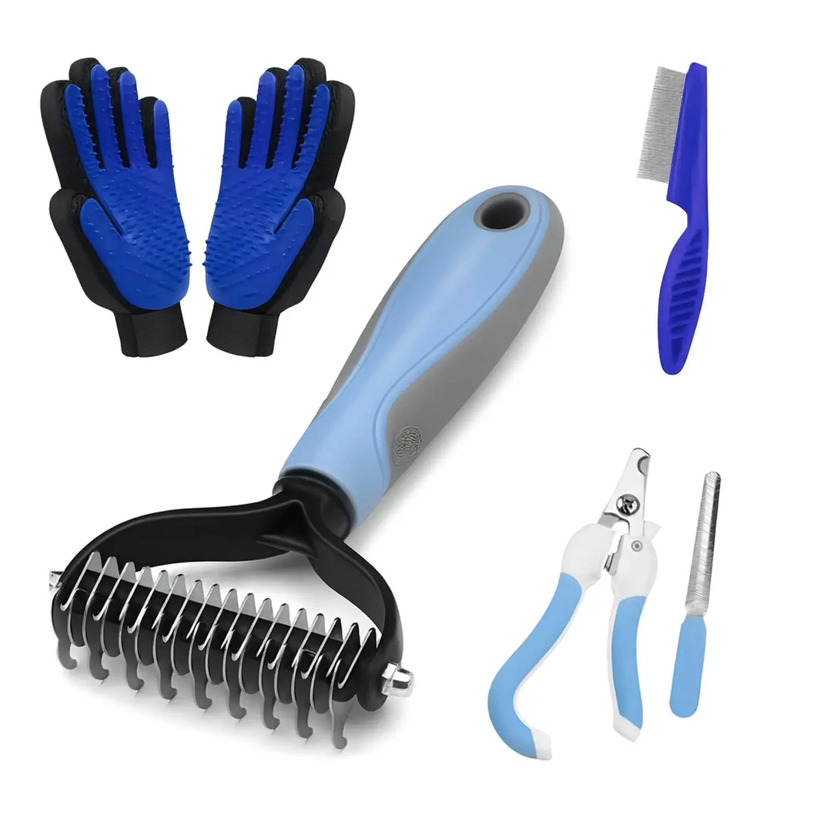 5-in-1 Pet Grooming Kit | Deshedding Comb, Nail Clippers, Nail File & Massage Gloves for Dogs & Cats | Pink & Blue BigGrizCritterCorner
