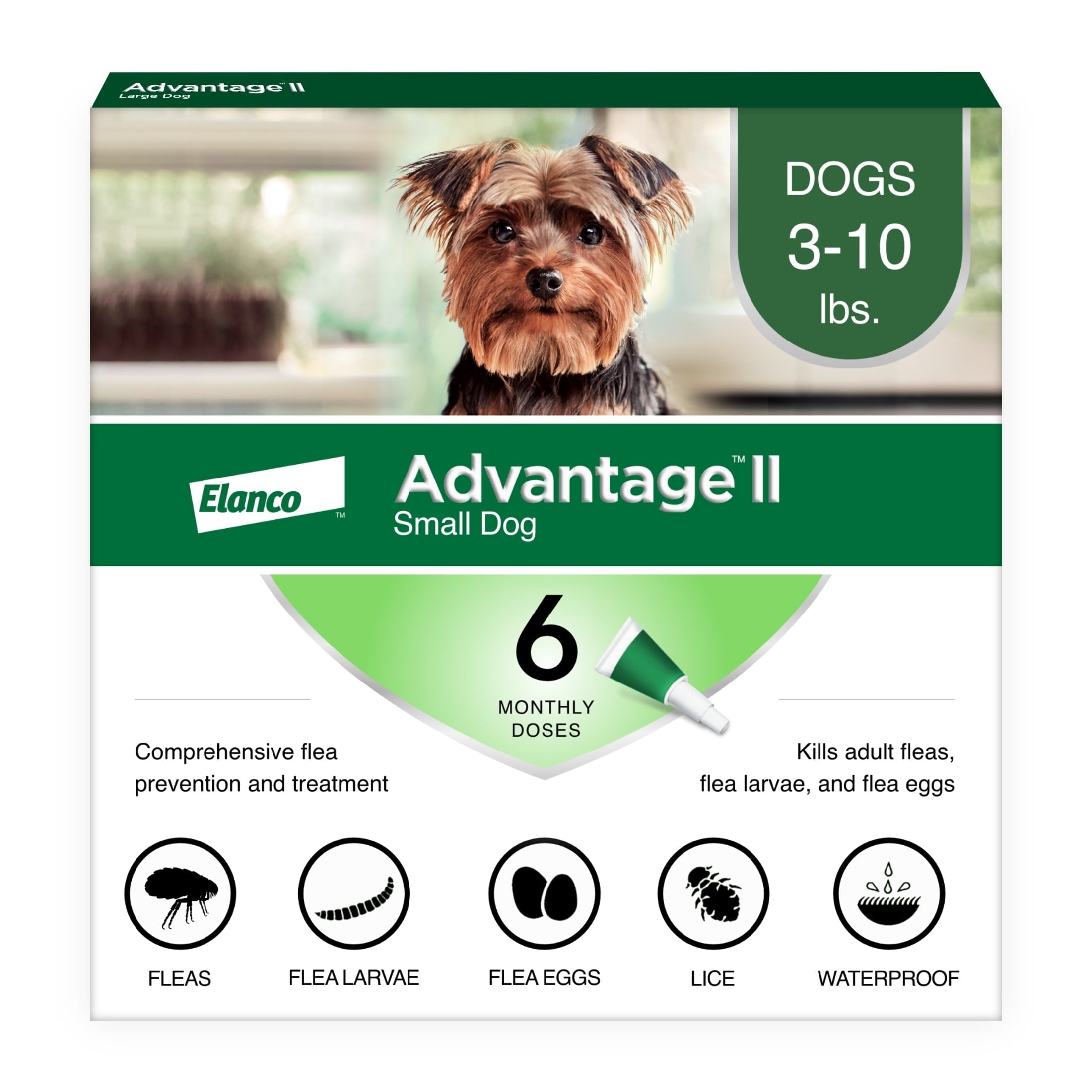 Elanco Advantage II packaging for small dogs with a dog's face on the box.