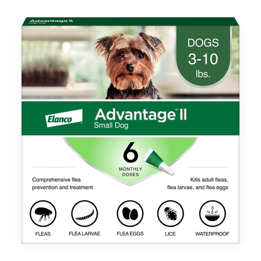 Elanco Advantage II packaging for small dogs with a dog's face on the box.