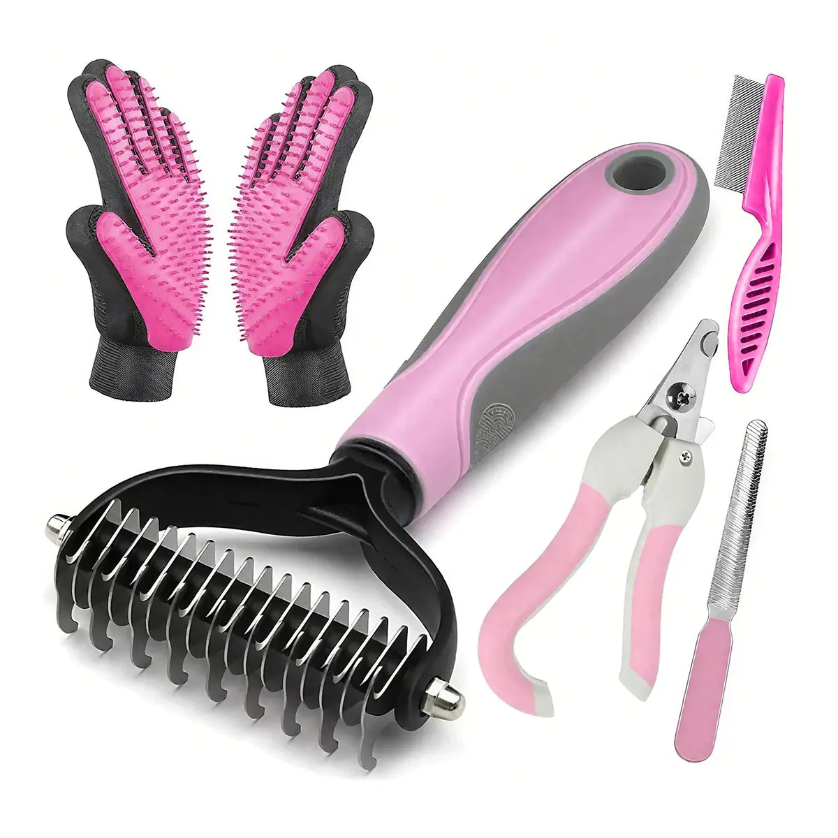 Set of pet grooming tools including gloves, brush, comb, and nail clippers on a white background