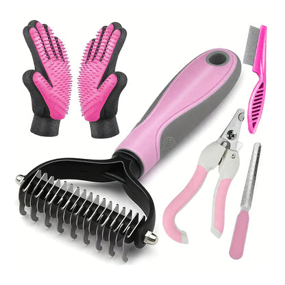 Dog & Cat Deshedding Brush -Comb & Massager Set, Pink，Blue