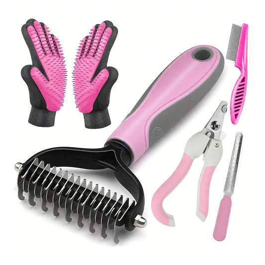 Set of pet grooming tools including gloves, brush, comb, and nail clippers on a white background