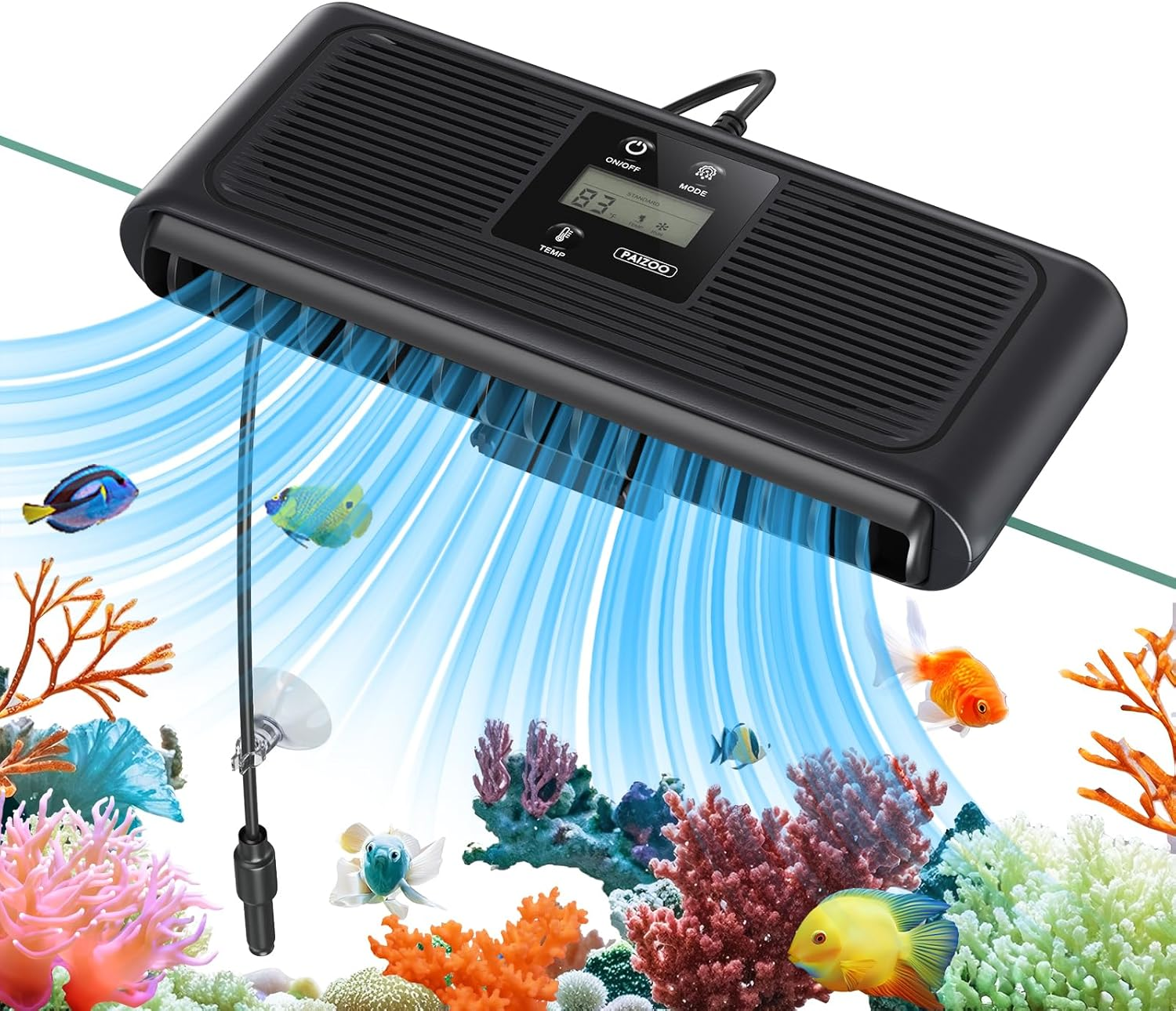 Aquarium filter with digital display on a background of an aquarium with fish and coral.