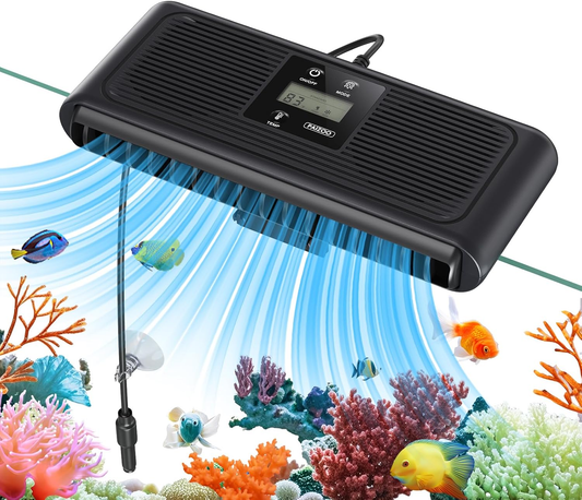Aquarium filter with digital display on a background of an aquarium with fish and coral.