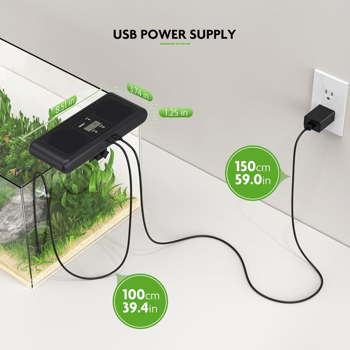 USB power supply connected to a fish tank with measurements indicated.