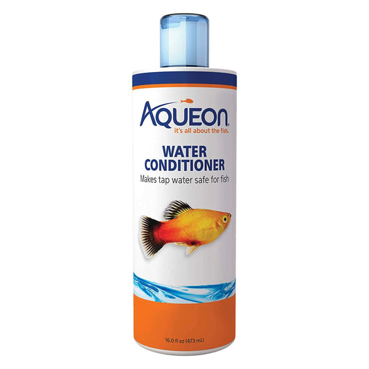 Aqueon water conditioner bottle with a fish illustration on a white background