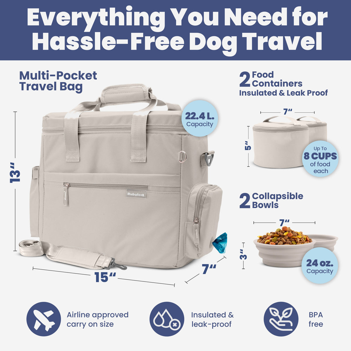 The Original Doggy Bag™ | Dog Travel Bag with Bowls, Food Containers & Poop Bag Dispenser Rubyloo